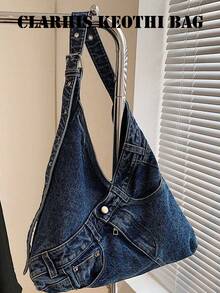 Street-Style Canvas Patchwork Tote Bag Features An Adjustable Shoulder Strap, Multiple Pockets, And A Triangular Design, Making It Suitable For Teenagers, Young Adults, And Working Professionals. Lightweight And Versatile, It's An Ideal Choice For Commuting And Shopping Trips. - Royal Blue - View 6