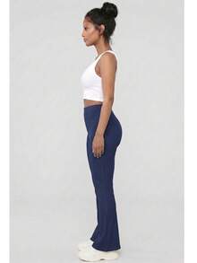 Women's Solid Color Rib Knit High Waisted Flare Pants For All Season Casual Basic Pants - Navy - View 2