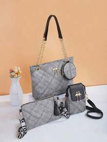 Women's 4-Piece Combo Bag Set - Fashion Essential!Shoulder Tote Crossbody Mini Bag Combo, Hand-Held & Crossbody Versatile, Stylish & Spacious, Suitable For Various Occasions, Hot-Selling Cross-Border Product - Grey - View 4