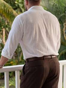 glestore Men's Plus Size White Shirt, With Vintage Coin Texture Buttons, Suitable For All Seasons, Matches Any Outfit - White - View 2