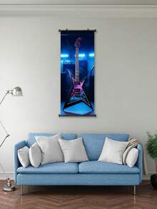 1pc Music Theme Guitar And Microphone Hanging Scroll Painting - Aesthetic Wall Art For Bedroom, Living Room, And Bathroom Decor - A - View 3