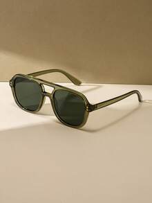 Green Square Rivet Decorated Retro Aviator Sunglasses, Fashionable Eyewear For Outdoor Travel, Beach, Casual Wear, Driving, UV Protection - Green - View 2