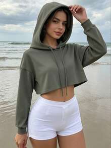 New Design - Women's Spring/Summer Sports Sweatshirt, Short Style, Printed, Multiple Colors Available. Women's Short Style Thick Drawstring Hooded Sweatshirt In Gray, Suitable For Outdoor Sports, Running, Gym Activities - Grey - View 2