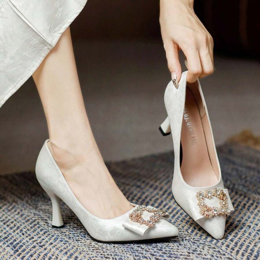 Fashionable Crystal Embellished Pointed Toe Slip-On High Heel Office Work Shoes - White - View 1