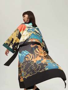 Áo khoác kimono dáng lửng in họa tiết hổ phong cách Trung Hoa cổ điển, áo khoác chống nắng bằng chiffon cho kỳ nghỉ hè ở bãi biển. - màu đen - Xem 3
