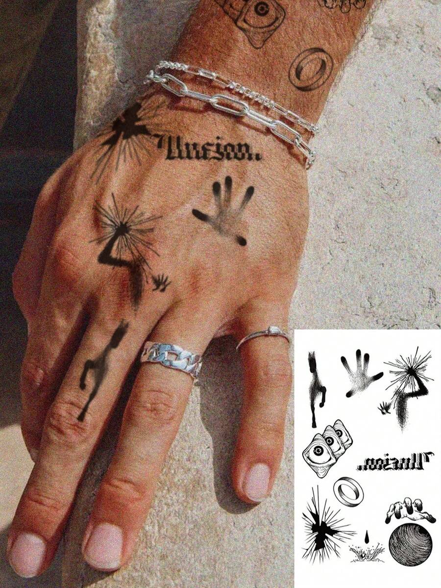1张Y2K风格临时纹身贴纸，黑色手印、阴影、眼睛、裂纹小图案，防水防汗，适用于腿部、手腕、脚踝、颈部，男女皆宜，时尚人体彩绘装饰，意义非凡，可贴于手臂、肩膀、腿部、腰部、颈部、胸部、脚部，亦可作为闺蜜纹身贴纸。 - 黑色 - 查看 1
