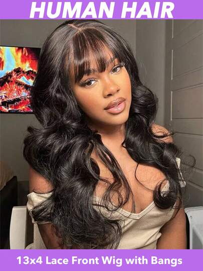 180密度水波纹真人发假发，带刘海 - 预先拔毛的自然发际线，13x4透明蕾丝前假发，带刘海，适合初学者，巴西真人发，8-26/28/30英寸，自然黑色Remy真人发假发，透明蕾丝，适合所有肤色。
