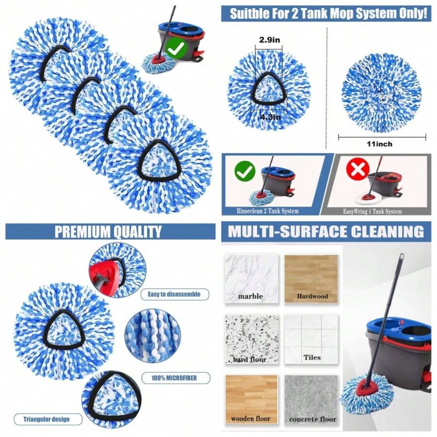 4-Pack Microfiber Spin Mop Refill Head Replacement Compatible With 2-Tank RinseClean Spin Mop System Machine Washable Deep Cleaning Easy To Install - 1 - 查看 1