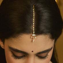 Perhiasan Pengantin Wanita Gaya Bohemian, Rantai Dahi Berlapis Emas dengan Hiasan Batu CZ dan Berlian Imitasi. - Emas - View 10