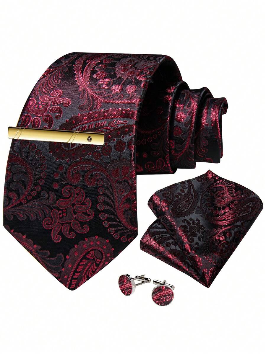 Bộ cà vạt họa tiết Paisley dành cho nam - Bao gồm khăn cài túi áo, khuy măng sét và kẹp cà vạt vàng, thích hợp cho các dịp trang trọng. - Gỗ đỏ - Xem 1