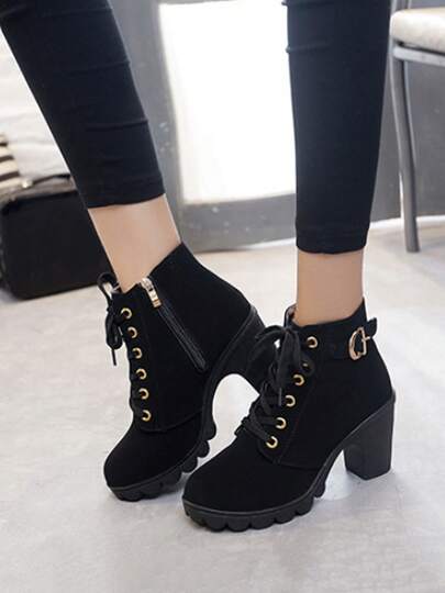 Botas de mujer con cordones, tacón grueso, cremalleras laterales y detalles de cordones, perfectos para otoño e invierno.