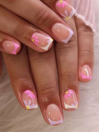 用24片短方形美甲贴片提升您的时尚品味！可爱粉色法式风格，粉色花朵搭配黄色花蕊，时尚白色法式风格，浅粉色和玫瑰粉色花朵，新款春夏美甲，全覆盖式假指甲，适合女性和女孩。包含1张粘合贴片和1个迷你锉刀，果冻凝胶，随机发货。