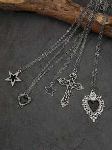 5pcs Vintage Gothic Angel Wings, Cross, Heart, Cross Wings, Star, Rose Butterfly Flower, Magic Mirror, Heart, Star Y2K Necklace Set For Women - Silver - View 7