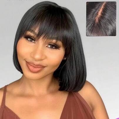 MEGALOOK Tóc giả ren chữ T 6x6 không cần keo, 100% tóc người, kiểu tóc bob thẳng, màu đen tự nhiên, có mái, dễ sử dụng cho người mới bắt đầu - Phù hợp cho Halloween, đám cưới, tiệc Giáng sinh, kỳ nghỉ, đi học, hẹn hò và trang phục công sở.