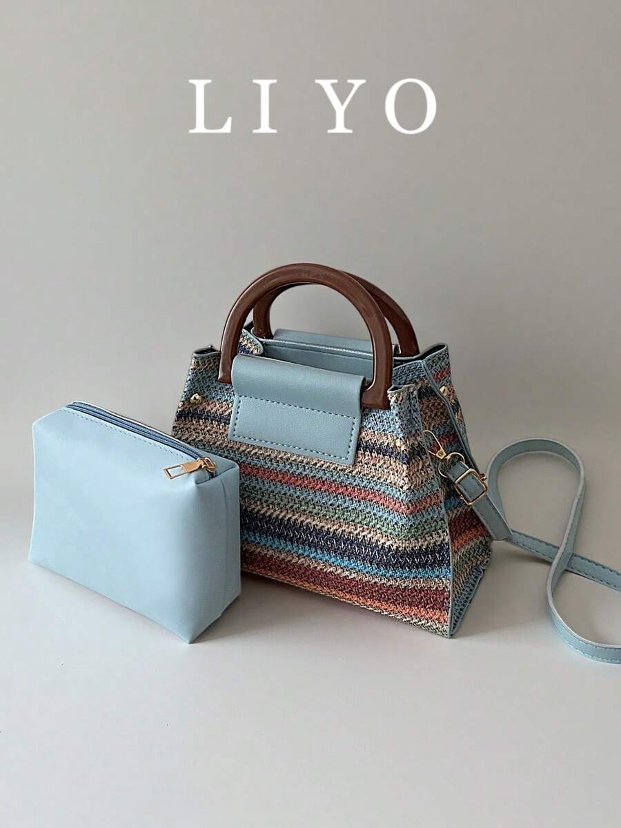2pcs Rainbow Striped Woven Handbag Set, Women's Fashion Straw Shoulder Bag & Tote