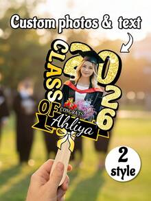 1pc Customized Photo & Text Gold Glitter Graduation Hand Fan, Personalized 2026 Graduation Gift, Wooden Or Acrylic Options, Graduation Party Decor, University Graduation Photo Prop - Multicolor - View 1