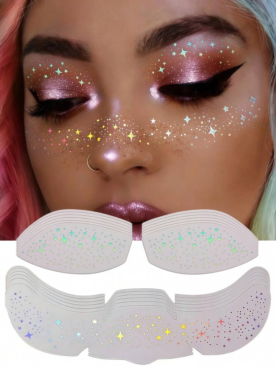 12er Pack holografische Glitzer-Lidschatten-Glitzer-Sommersprossen-Gesichtstattoo-Regenbogen-Sommersprossen-Glitzer-Augen-Make-up-Aufkleber Muttertagsgeschenk Strand Halloween Parade Hochzeit Feiertag Reise Essential - Verschiedenfarbig - Übersicht 1