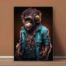 1pc Frameless Watercolor Monkey DJ Music Poster And Printed Canvas Painting Animal Wall Art, Suitable For Living Room Home Decor - Multicolor - View 2