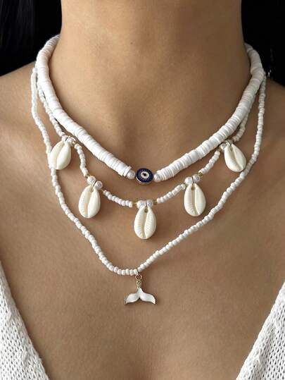 Dây chuyền mặt dây nhiều lớp hình đuôi cá phong cách Bohemian, thích hợp cho kỳ nghỉ hè ở bãi biển và ven biển, đeo trên xương quai xanh.