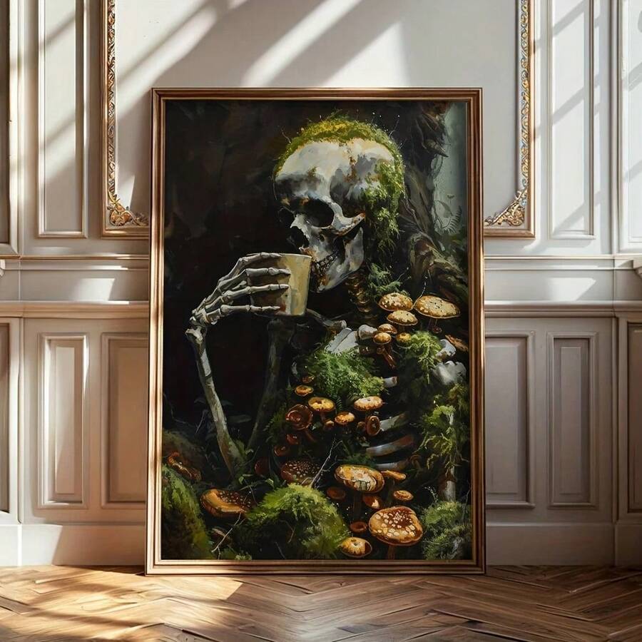 Gothic Dark Academia Canvas Art Prints - Unframed Botanical Mushrooms & Skeleton Skull Posters For Modern Home Decor, Perfect For Living Room, Bedroom, Dorm - Polychrome - View 1