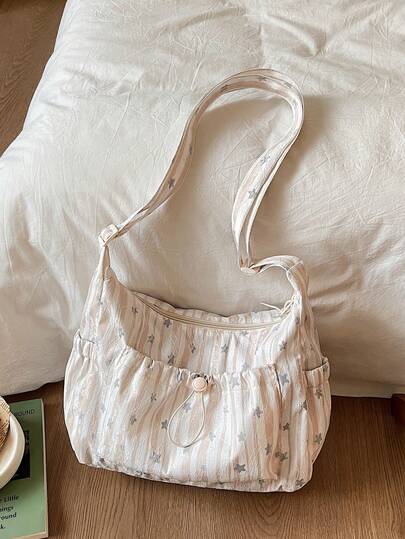 New Fashionable Star-Print Women's Shoulder Bag: Casual And Versatile, Foldable With Adjustable Straps. Tote Bag Perfect For Daily Use, Ideal For Students. Simple And Cute Design With Pleats, Multiple Pockets, And A Drawstring Front Pocket.