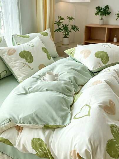 绿色心形图案 4 件套床上用品（1 个羽绒被套、2 个枕套、1 张床单），温暖风格羽绒被套套装（无填充物），适用于家庭卧室宿舍装饰，适用于单人/双人床
