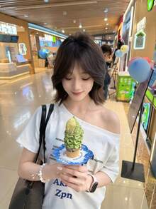 Áo thun ngắn tay lệch vai dành cho nữ, kiểu dáng Hàn Quốc rộng rãi, tôn dáng, in chữ, hở vai, màu trắng thường ngày mùa hè. - trắng - Xem 2