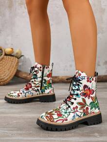 Women's Boho Embroidered Chunky Sole Boots, Floral Print Lug Sole Booties - White - View 6