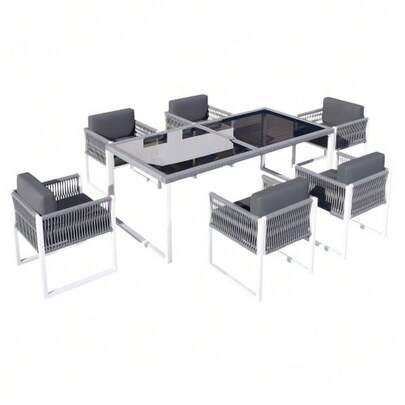 Rope Dining Set, Garden Furniture, Garden Dining Set For 6 People With Armchairs, Removable And Washable Fabric Cover.