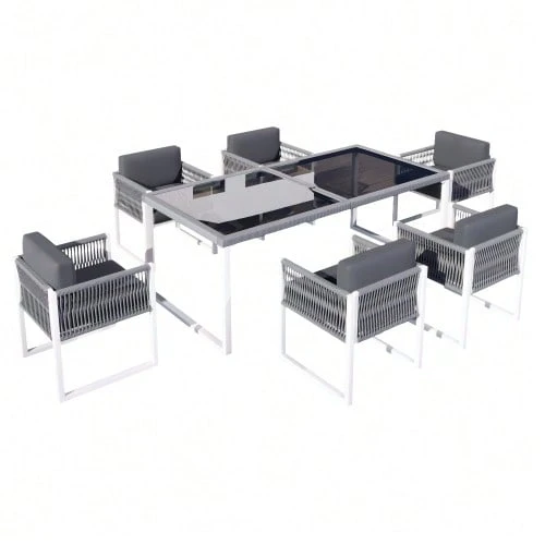 Rope Dining Set, Garden Furniture, Garden Dining Set For 6 People With Armchairs, Removable And Washable Fabric Cover. - Grey - View 1
