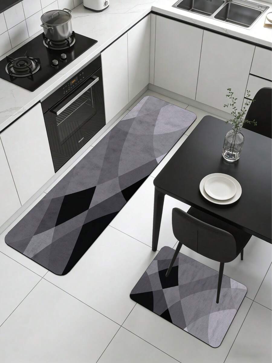 1 pieza Alfombra de cocina de barro de diatomeas con diseño de rombo curvo de color contrastante minimalista, patrón abstracto gris & negro, antideslizante, absorbente de agua, alfombra suave para los pies, adecuada para cocina, baño, entrada, lavandería, sala de estar, decoración del hogar alfombra pequeña - Multicolor - Ver 1