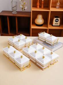 1 Set Square Plate Snack Dish On Gold Tray, Tray Set For Snacks, Candy, Dried Fruit, Cookies, Suitable For Holidays, Celebrations, Weddings, Parties - White - View 5
