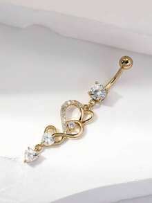 1pc Gold-Plated Copper Long Belly Button Ring With Zirconia Heart Shape Detail, Suitable As Valentine Halloween Christmas Easter Gift, Bar Party Beach Party Birthday Gift Or For Daily Wear For Women Valentines,Mom,Mother,Mother's Day,Gift - 黃金 - 查看 1