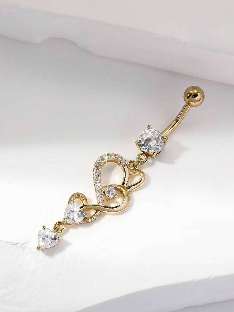 1pc Gold-Plated Copper Long Belly Button Ring With Zirconia Heart Shape Detail, Suitable As Valentine Halloween Christmas Easter Gift, Bar Party Beach Party Birthday Gift Or For Daily Wear For Women Valentines,Mom,Mother,Mother's Day,Gift - 黃金 - 查看 1
