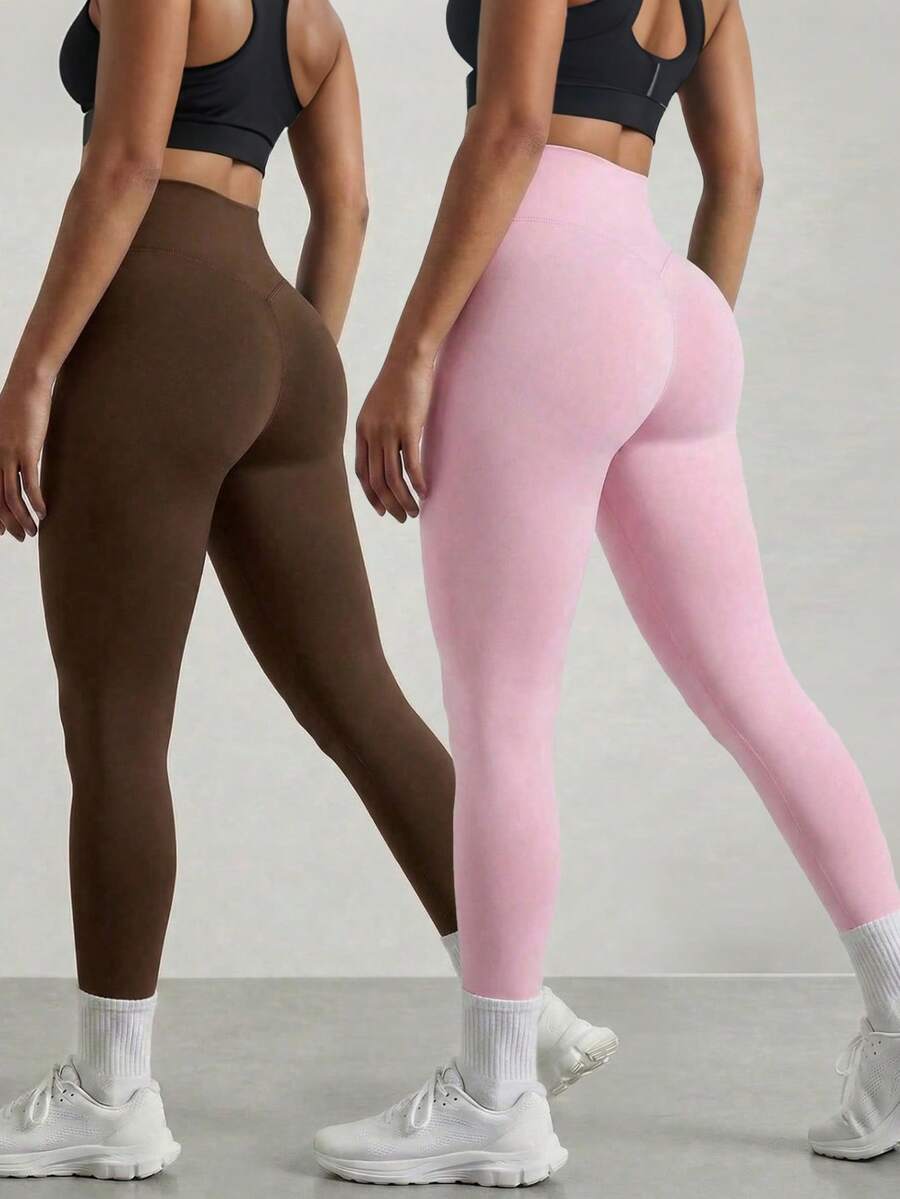 FWH #Elegant Shaping#Premium Texture, Versatile For Multiple Daily Scenarios, Minimalist Elegant, High Waist Tummy Control, Lengthening Leg Lines, Lifting And Shaping Buttocks For Slimming Effect, Visually Lengthening Leg Shape, Buttock Lifting And Shaping, Multi-Wear, Multi-Scenario Adaptability, Commuting, Daily Outfits, Exquisite Minimalist Daily, Fitness Sports, Women's Elegant Style High Waist Tight Yoga Pants 2-Piece Set - Multicolor - View 1