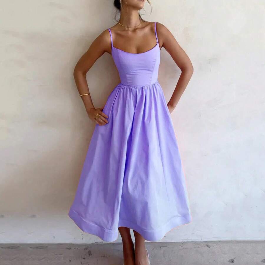 2026 Spring New Women's Clothing, Cross-Border European And American Dress, Sexy Waist-Cinching Pleated Solid Color Large Hem Strap Dress - 紫色 - 查看 1