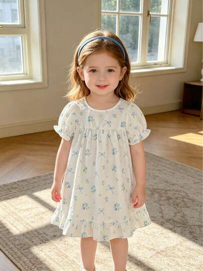 女婴春夏度假休闲泡泡袖圆领连衣裙，搭配蓝色花卉蝴蝶结印花荷叶边裙摆，泡泡袖，荷叶边下摆，甜美可爱，柔软舒适的泡泡袖面料，适合春夏穿着。