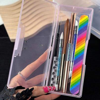 美甲工具收纳盒，指甲锉收纳盒，美甲笔收纳盒，凝胶指甲刷海绵收纳盒，便携式透明长方形塑料美甲用品盒，指甲油瓶展示盒，不含美甲工具