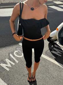 Womens Split Hem Capri Pants Fold Over Waist Solid Color Slim Fit Cropped Pants Trousers - 黑色 - 查看 5