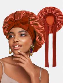 4件套女士36厘米直径丝带蝴蝶结仿丝弹力发带，可作睡帽、发套、美容院帽，附赠2根发圈 - 黑色/皮紫 - 查看 17