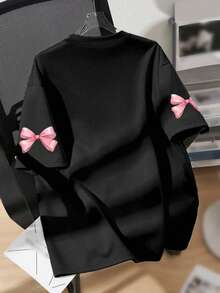 Girls' Loose Fit Graphic T-Shirt, Pink Ombre Butterfly Wing & Bow Print, Bowknot Sleeve Decor, Casual Relaxed Fit, Suitable For Dates, Outings, Everyday Casual Wear - Black - View 2