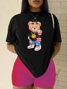 Envío gratis, entrega local enéxico, entrega en 4 días.Camiseta de manga corta para mujer con diseño de oso de peluche, blusas para mujer. - Negro - Ver 5