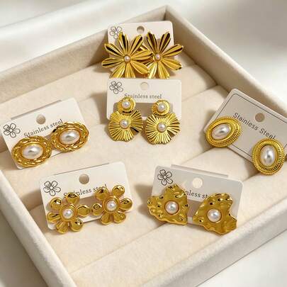 12 Pieces Of Thick Women's Pearl Earrings Set, Including Flower-Shaped Pearl Earrings, Irregular Round Pearl Earrings, Heart-Shaped Pearl Earrings And Lotus Leaf Pearl Earrings. Summer Fashionable Beach Resort Jewelry, Bohemian Pearl Earrings - 18K Non-Fading Stainless Steel Earrings, Free Of Nickel, Lightweight And Low Allergenicity