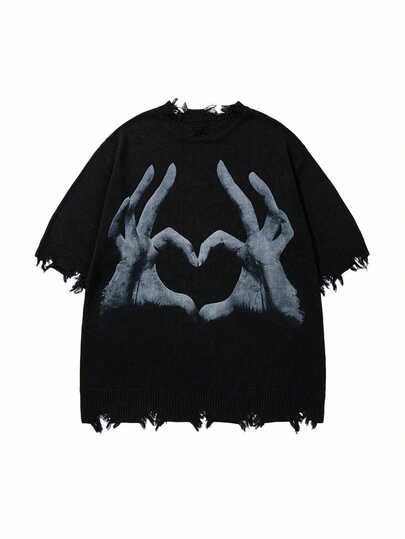 Men's Distressed Graphic Tee, Casual American Street Style Short Sleeve Knit Top, Crew Neck Pullover Sweater For Daily Wear, Spring/Summer