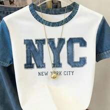 Camiseta de manga corta con cuello redondo y estampado de letras en patchwork, talla grande - Multicolor - Ver 3