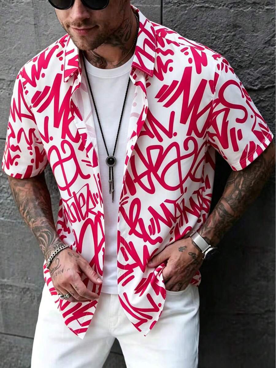 Men's Casual Short Sleeve Shirt, Summer Letter Print In White & Black - Hot Pink - View 1