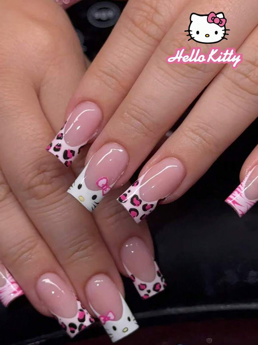 SANRIO 24 piezas Pegatinas de uñas 3D de estampado de leopardo rosa con diseño de Hello Kitty y lazos, estilo rosa femenino, se ajusta perfectamente a uñas acrílicas falsas, incluye 1 botella de pegamento y 1 lima de uñas, adecuado para uso diario y de fiesta de niñas - Multicolor - Ver 1