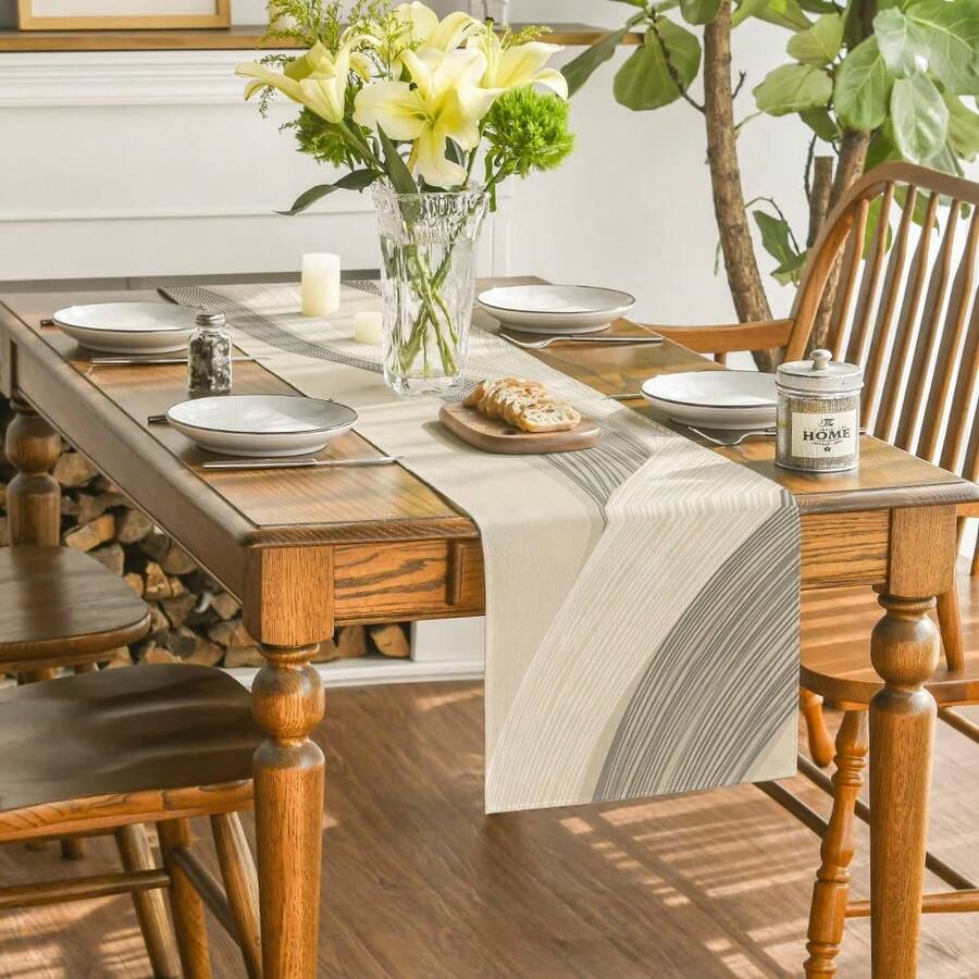 1pc Minimalist Striped Beige & Light Brown Large Rectangular Tablecloth, Home Decor Goods, Suitable For Family Gatherings, Indoor/Outdoor Spaces, Entryway, Coffee Table, Living Room Ambiance, Kitchen Dining, Holiday & Nature Gifts - Beige - View 1
