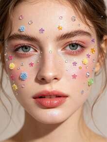 1pc Macaron Rose Starry Face Decorative Rhinestone Sticker, Colorful Soft Gel Rose + Holographic Star Rhinestone Design, Waterproof & Long-Lasting, Suitable For Hanfu, Sweet Girl, Music Festival Makeup,Concert Look,Face Gems,Rhinestone Face Sticker - Multicolor - View 4