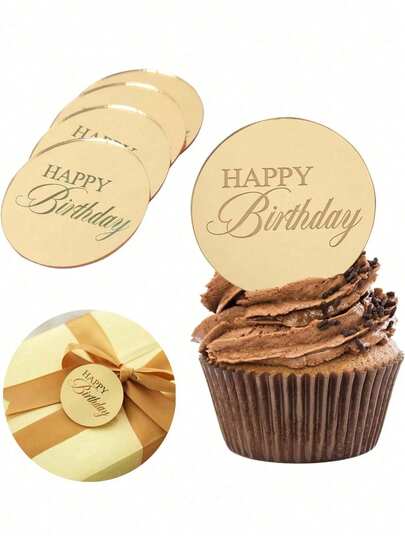 1/5/10pcs Gold Mirror Acrylic Cup Decor, Birthday Cake Decorations, Round Dessert Party Baking Decor, Suitable For Birthday Party And Dessert Table Decor, Wedding Birthday Cup Cakes, Kitchen And Dining Room Decor, Cake Decorating Tools, Birthday Party DIY Cake Decor
